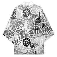 White Aloha Hawaiian Kimono Monstera Hibiscus Tropical Pattern