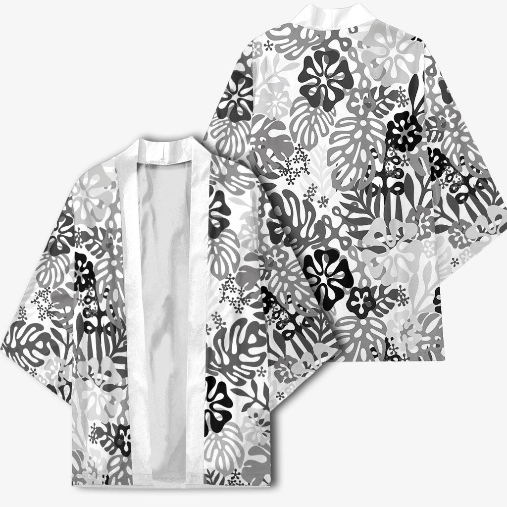 White Aloha Hawaiian Kimono Monstera Hibiscus Tropical Pattern