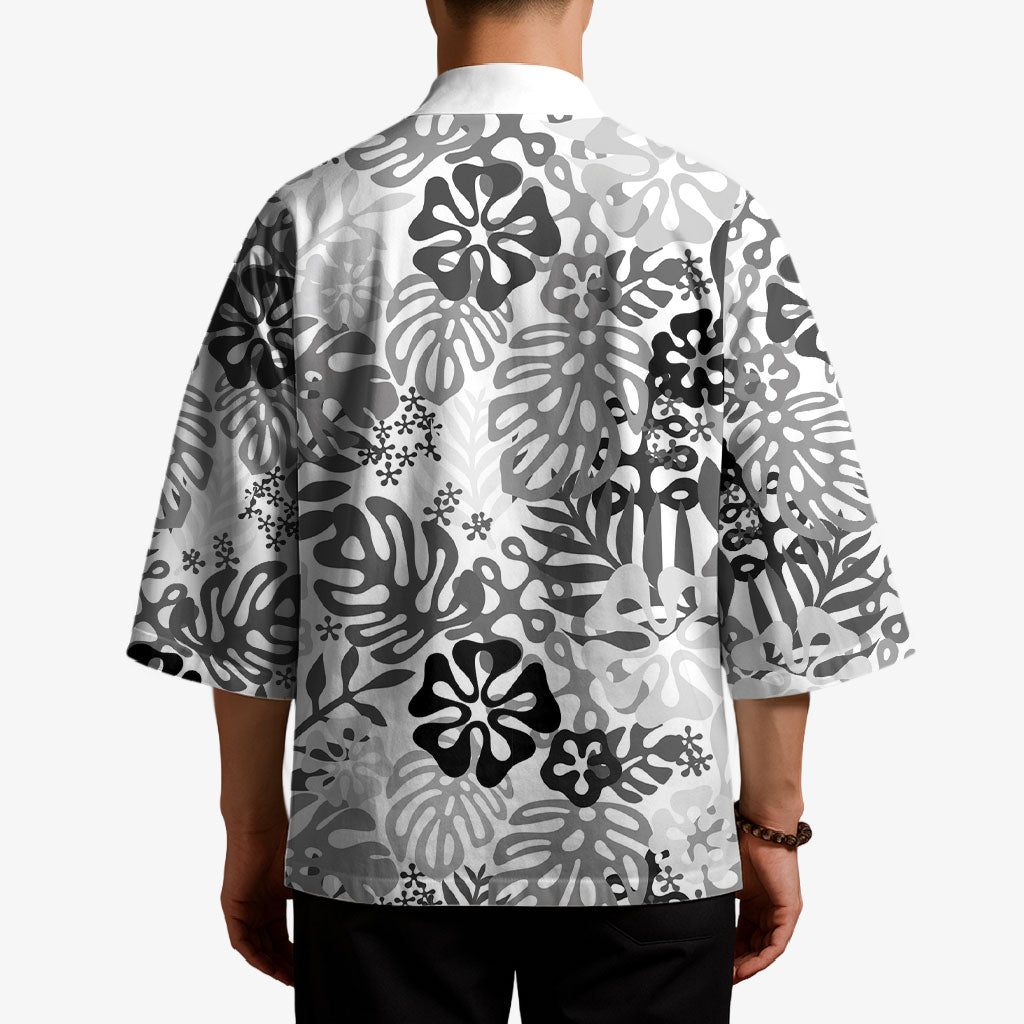 White Aloha Hawaiian Kimono Monstera Hibiscus Tropical Pattern
