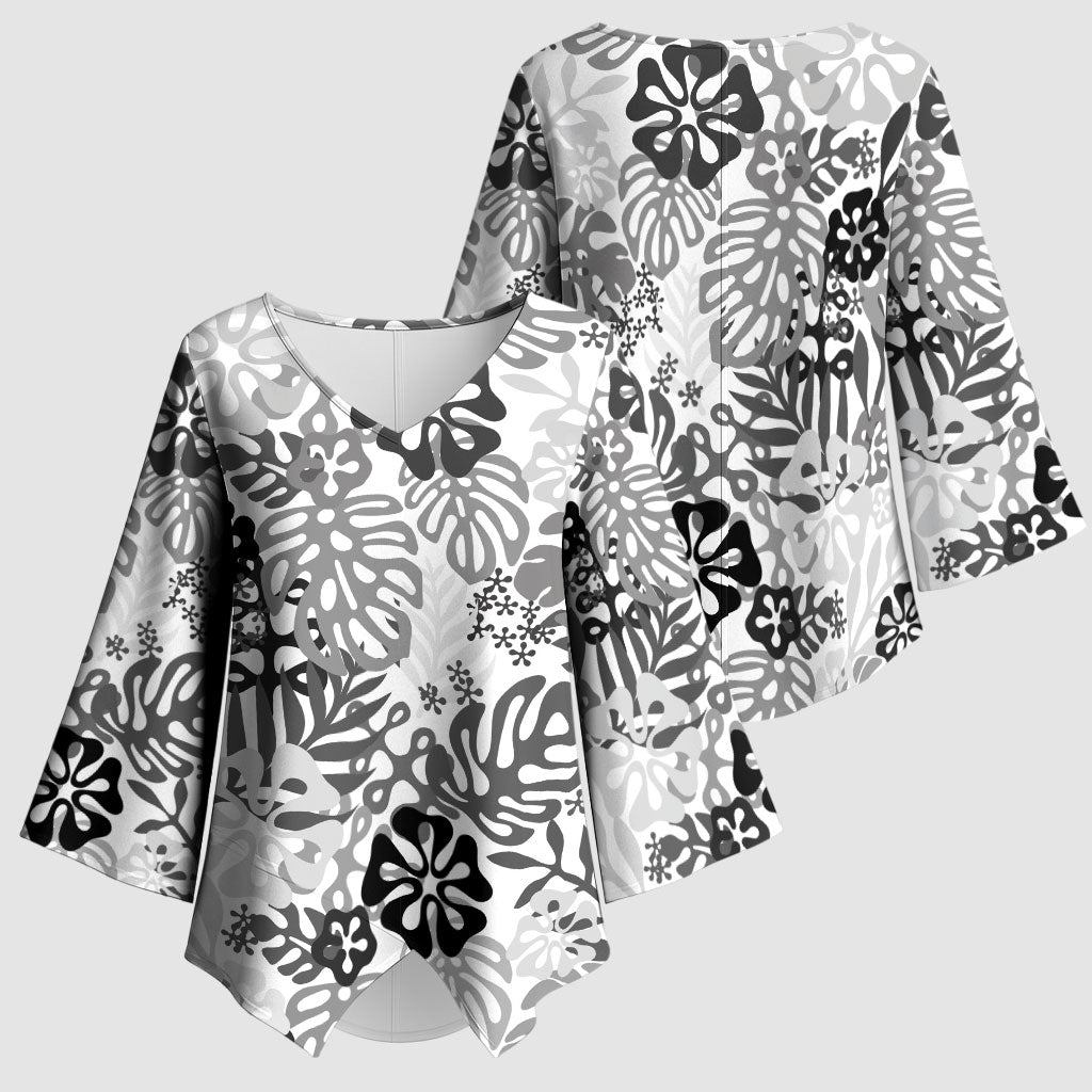 White Aloha Hawaiian Kimono Sleeve Blouse Monstera Hibiscus Tropical Pattern