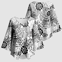 White Aloha Hawaiian Kimono Sleeve Blouse Monstera Hibiscus Tropical Pattern