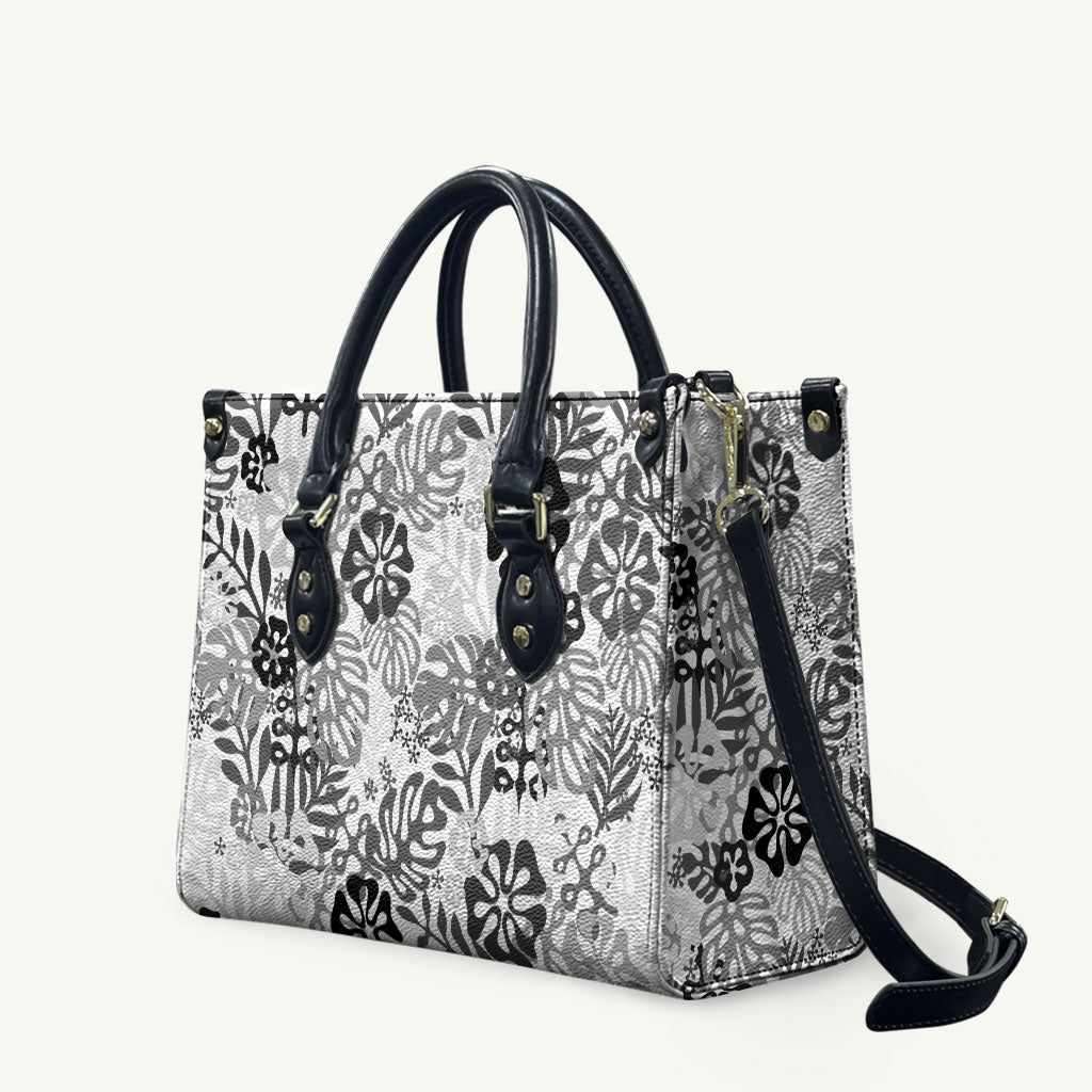 White Aloha Hawaiian Leather Bag Monstera Hibiscus Tropical Pattern