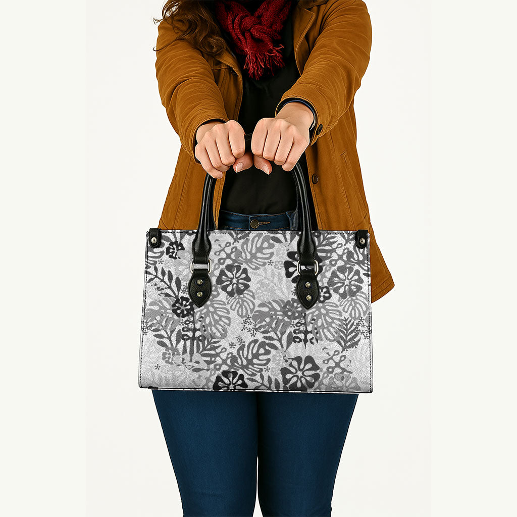 White Aloha Hawaiian Leather Bag Monstera Hibiscus Tropical Pattern