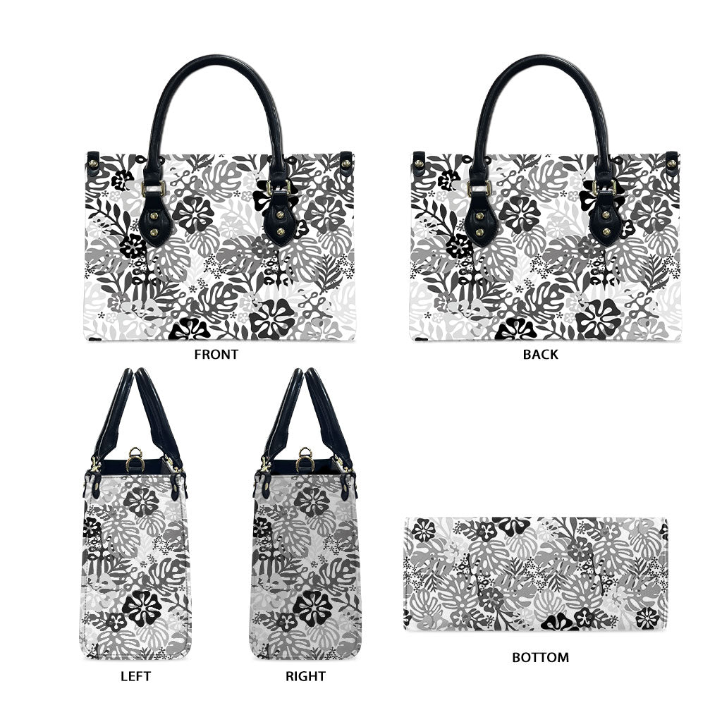 White Aloha Hawaiian Leather Bag Monstera Hibiscus Tropical Pattern