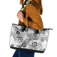 White Aloha Hawaiian Leather Tote Bag Monstera Hibiscus Tropical Pattern
