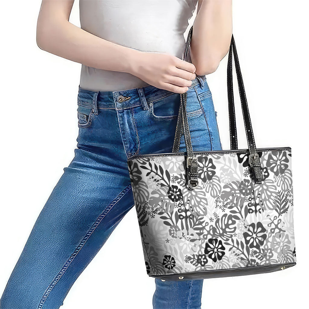 White Aloha Hawaiian Leather Tote Bag Monstera Hibiscus Tropical Pattern