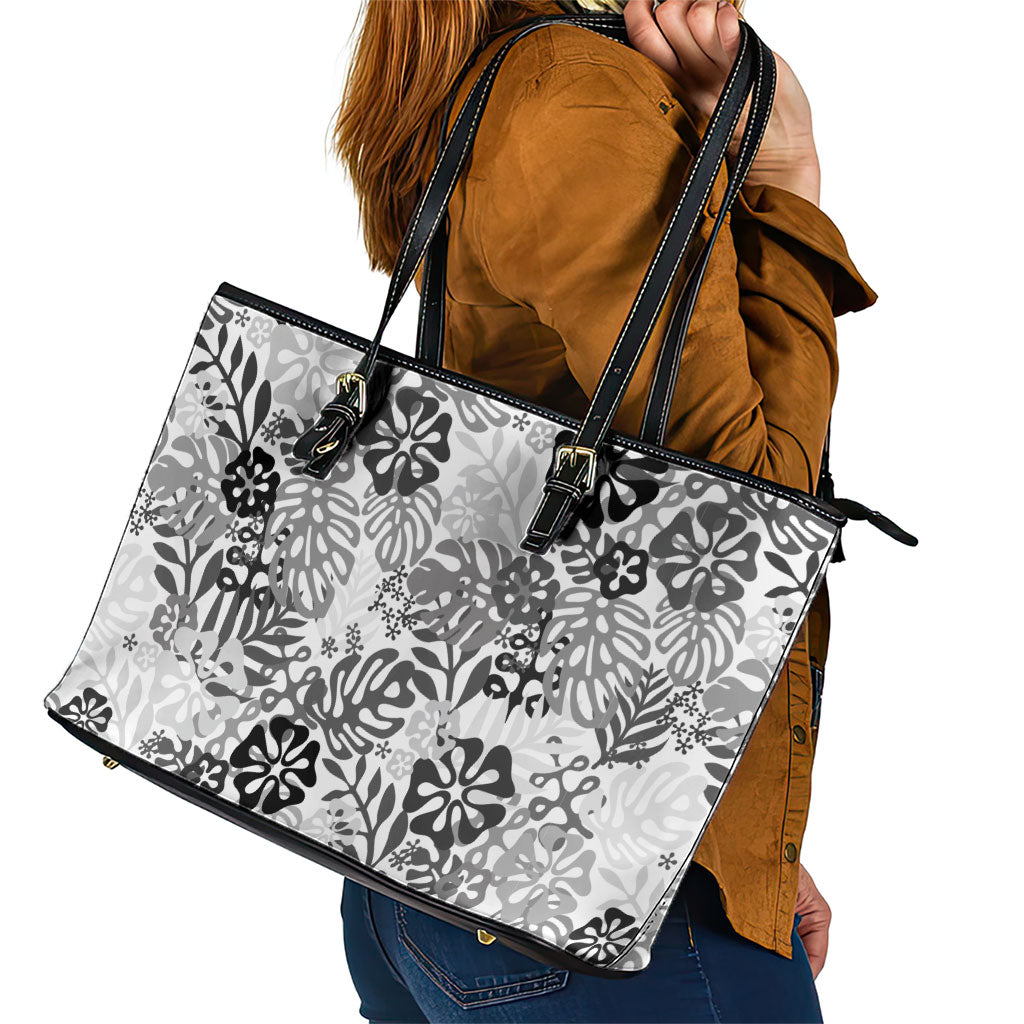 White Aloha Hawaiian Leather Tote Bag Monstera Hibiscus Tropical Pattern