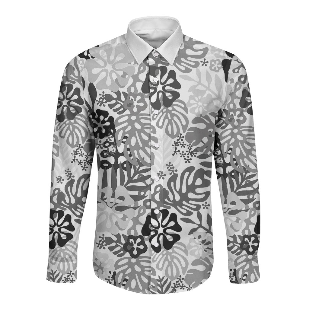 White Aloha Hawaiian Long Sleeve Button Shirt Monstera Hibiscus Tropical Pattern