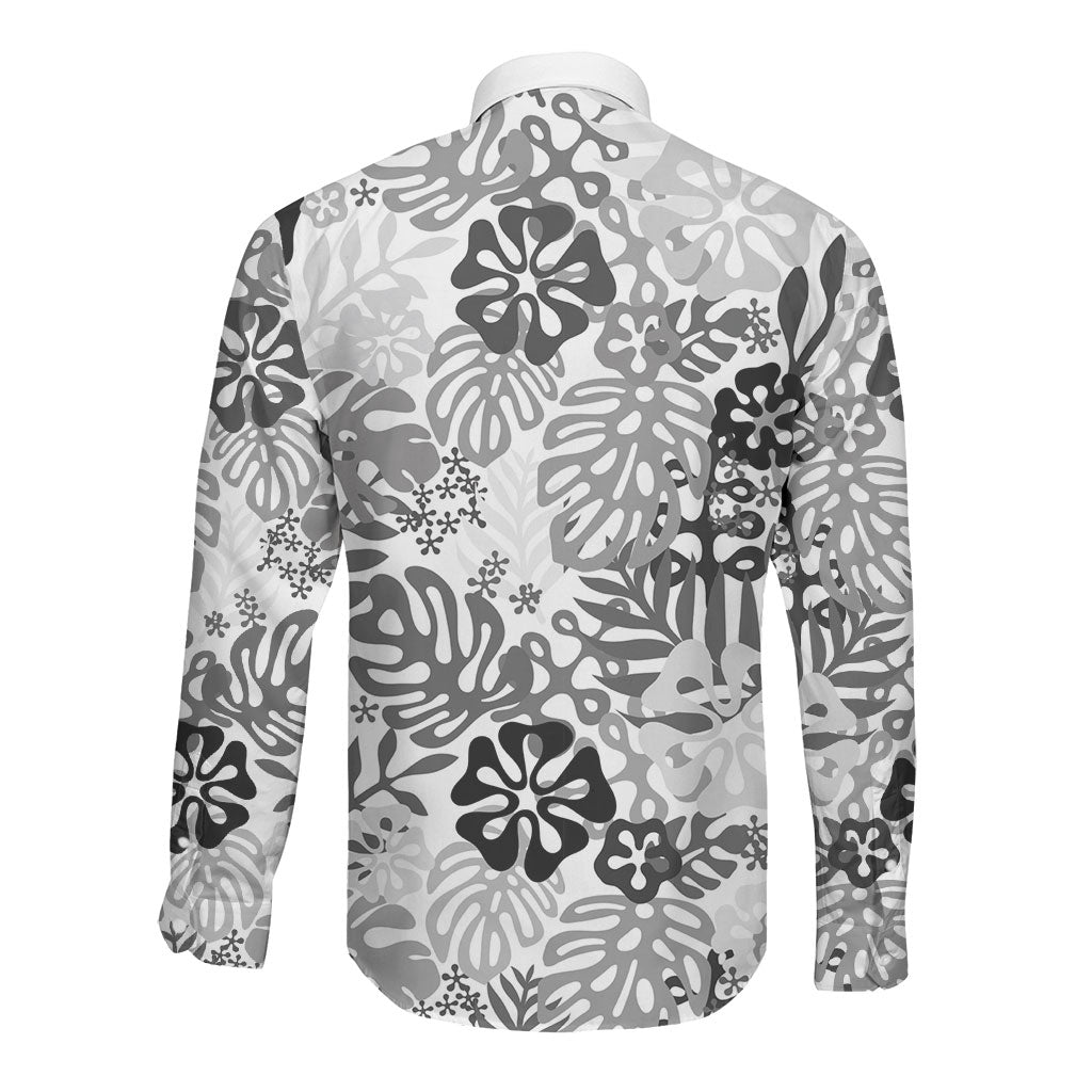 White Aloha Hawaiian Long Sleeve Button Shirt Monstera Hibiscus Tropical Pattern