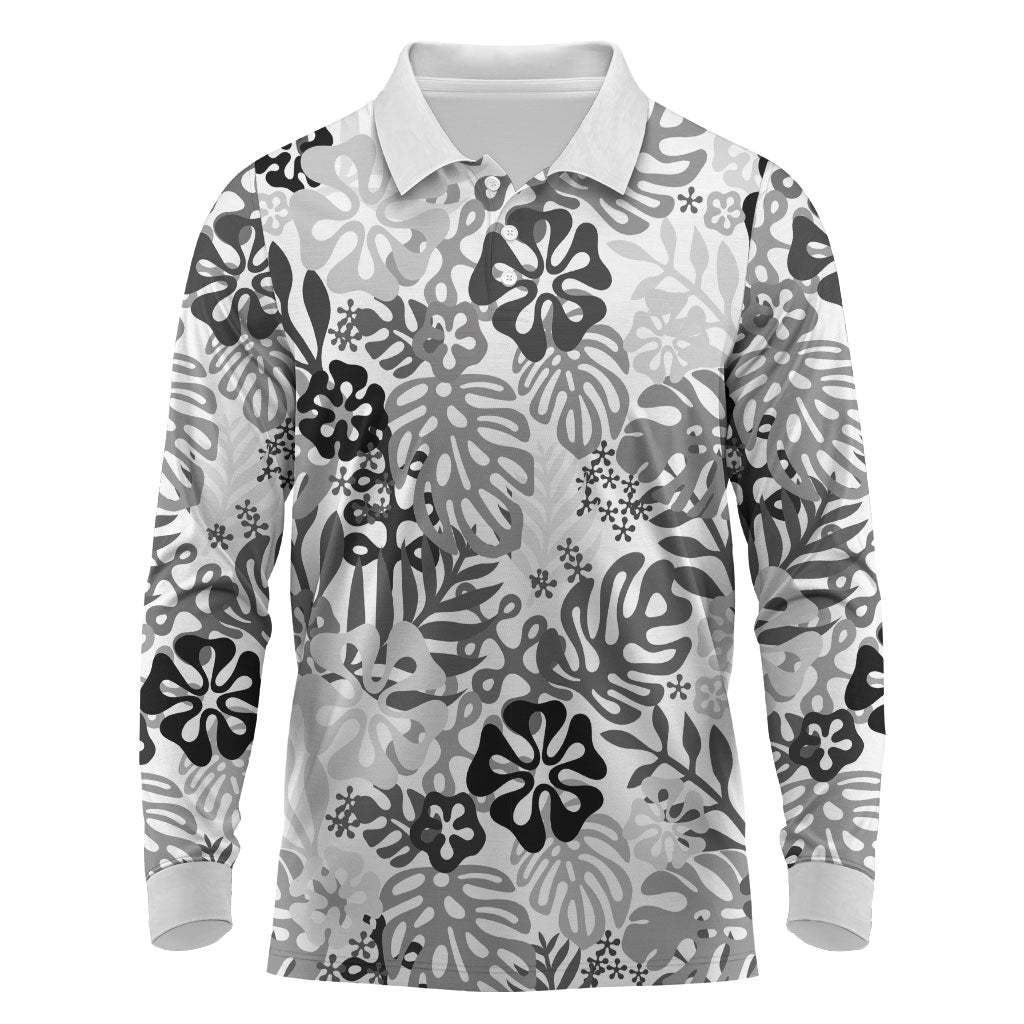 White Aloha Hawaiian Long Sleeve Polo Shirt Monstera Hibiscus Tropical Pattern