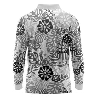 White Aloha Hawaiian Long Sleeve Polo Shirt Monstera Hibiscus Tropical Pattern