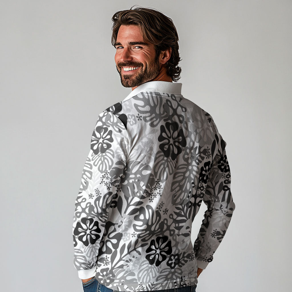 White Aloha Hawaiian Long Sleeve Polo Shirt Monstera Hibiscus Tropical Pattern