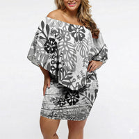 White Aloha Hawaiian Off Shoulder Short Dress Monstera Hibiscus Tropical Pattern
