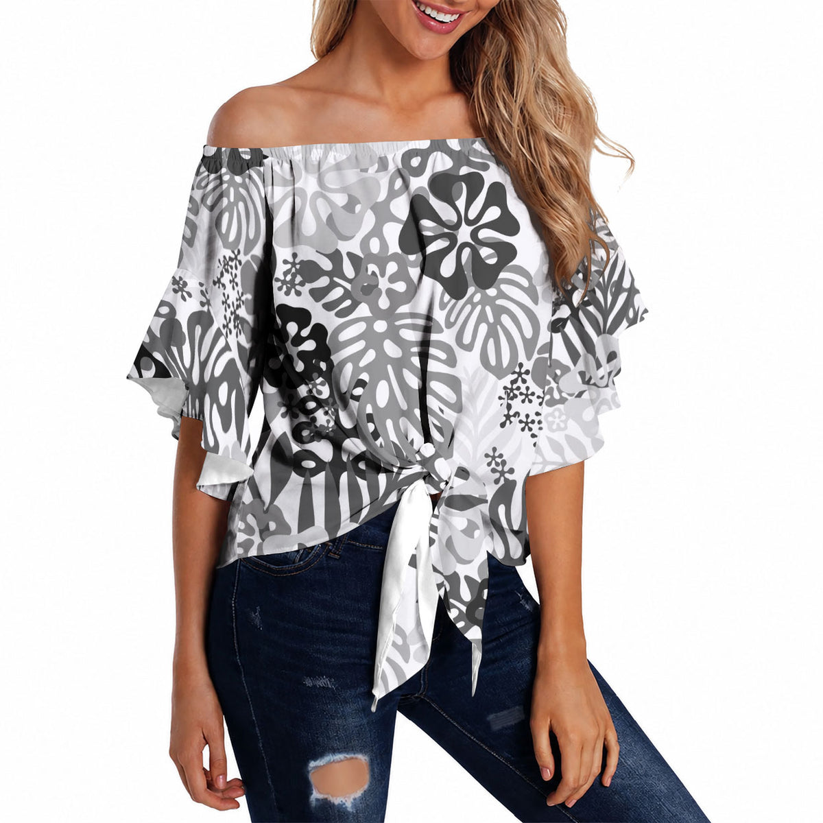 White Aloha Hawaiian Off Shoulder Wrap Waist Top Monstera Hibiscus Tropical Pattern