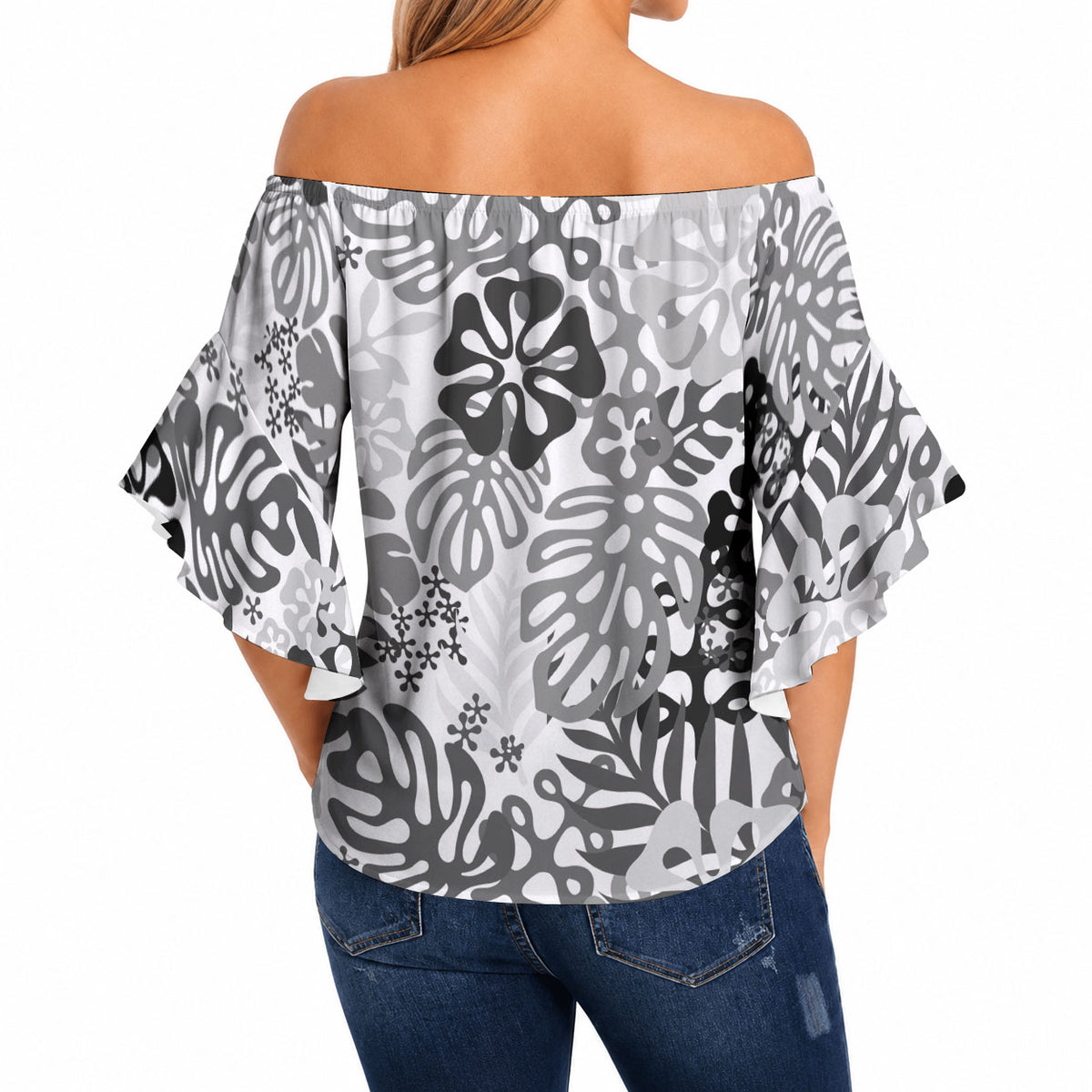 White Aloha Hawaiian Off Shoulder Wrap Waist Top Monstera Hibiscus Tropical Pattern