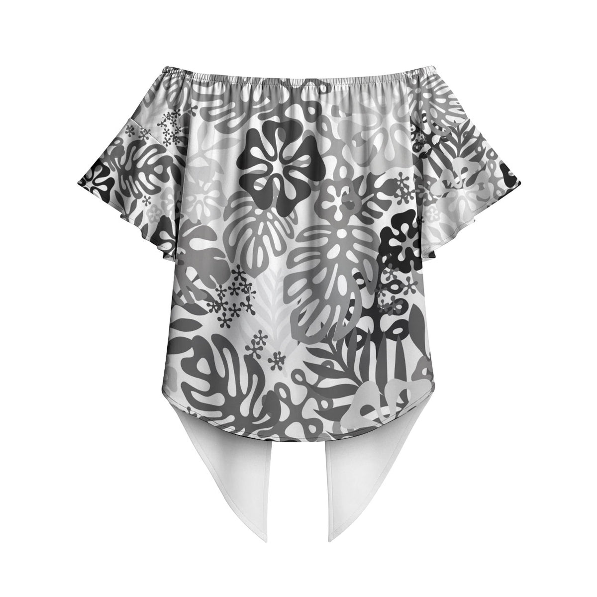 White Aloha Hawaiian Off Shoulder Wrap Waist Top Monstera Hibiscus Tropical Pattern