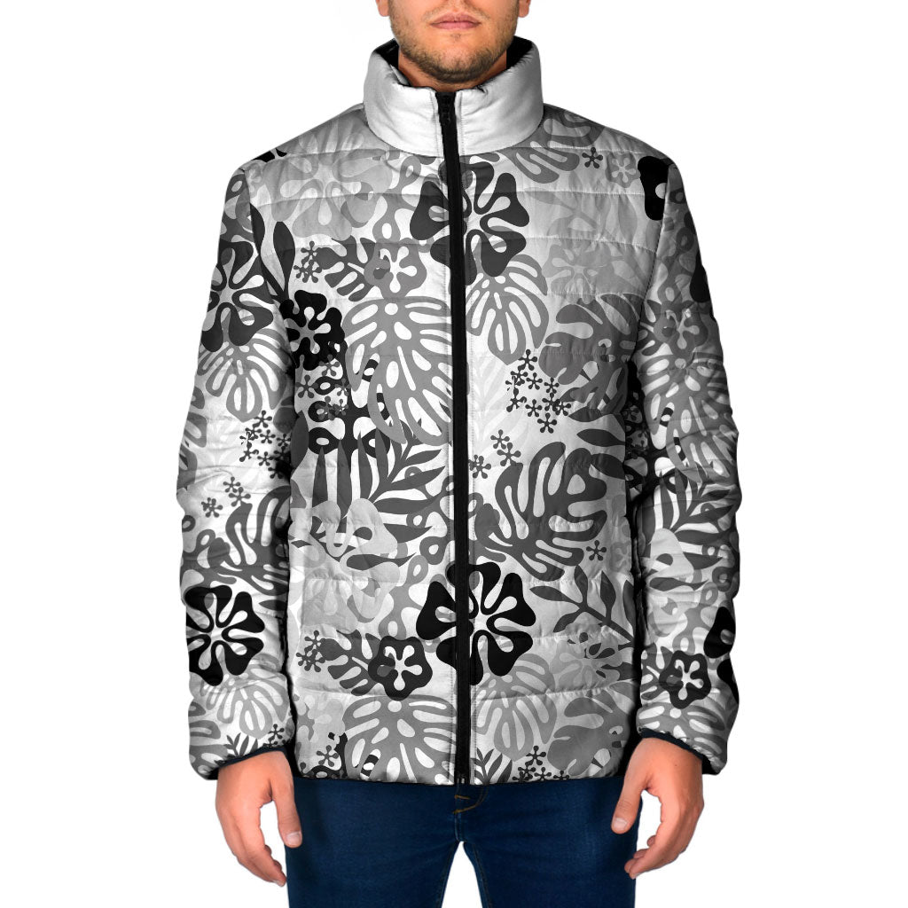 White Aloha Hawaiian Padded Jacket Monstera Hibiscus Tropical Pattern