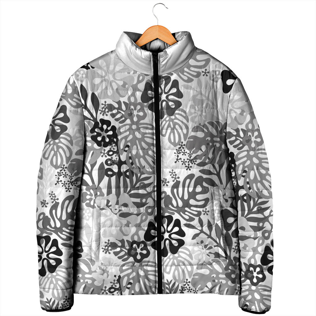 White Aloha Hawaiian Padded Jacket Monstera Hibiscus Tropical Pattern