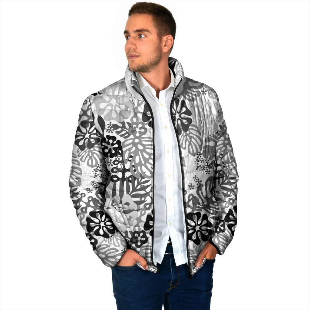 White Aloha Hawaiian Padded Jacket Monstera Hibiscus Tropical Pattern