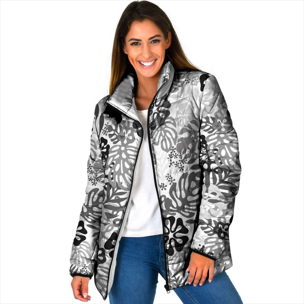 White Aloha Hawaiian Padded Jacket Monstera Hibiscus Tropical Pattern