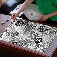 White Aloha Hawaiian Puzzle Monstera Hibiscus Tropical Pattern