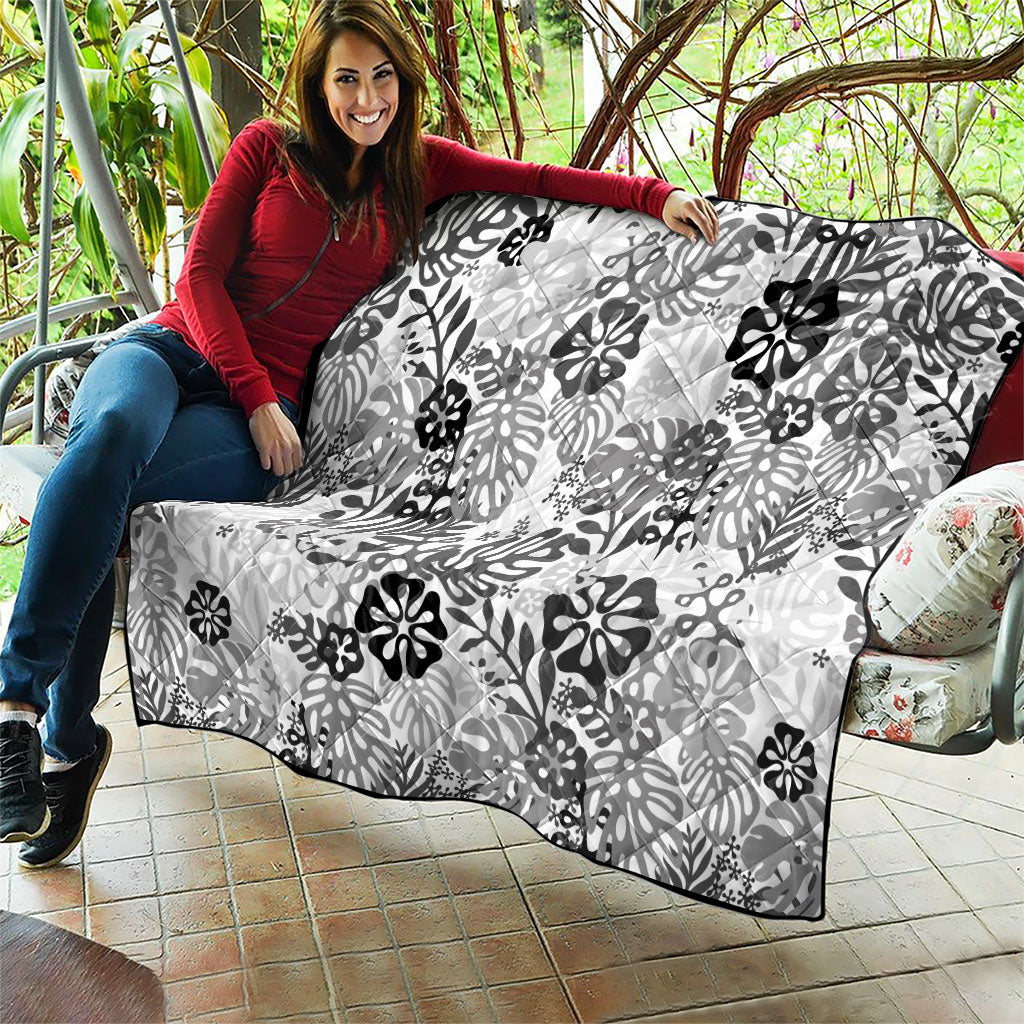 White Aloha Hawaiian Quilt Monstera Hibiscus Tropical Pattern