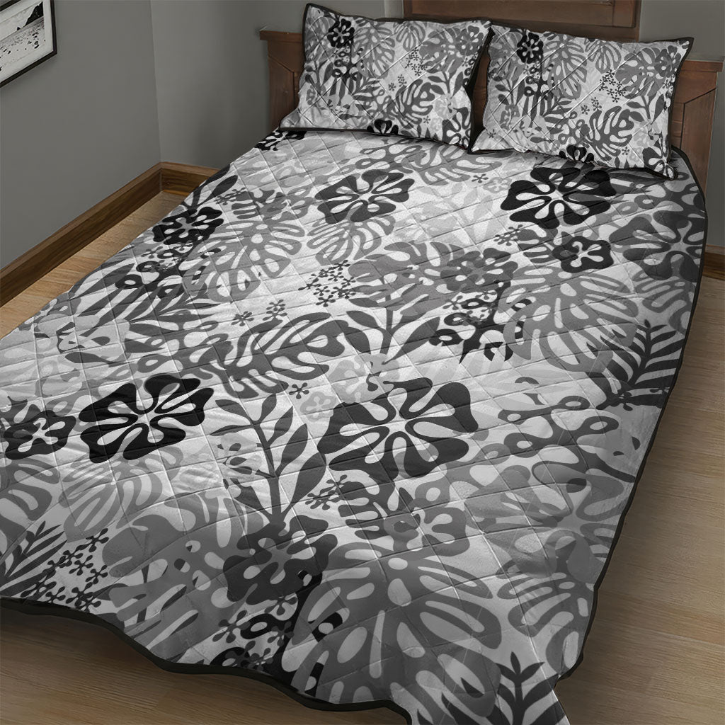 White Aloha Hawaiian Quilt Bed Set Monstera Hibiscus Tropical Pattern