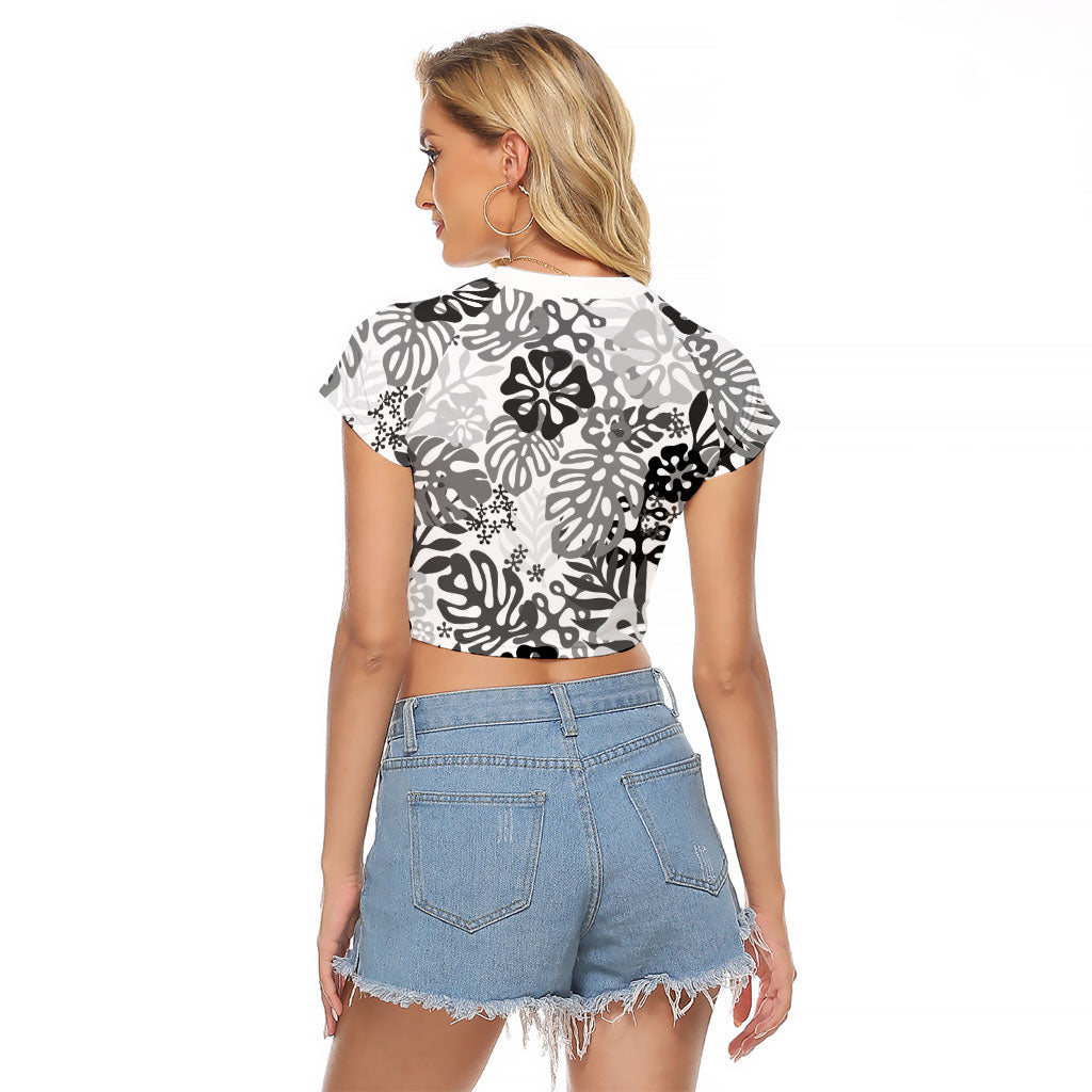 White Aloha Hawaiian Raglan Cropped T Shirt Monstera Hibiscus Tropical Pattern