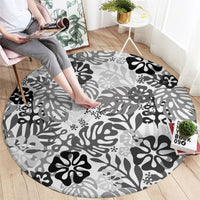 White Aloha Hawaiian Round Carpet Monstera Hibiscus Tropical Pattern