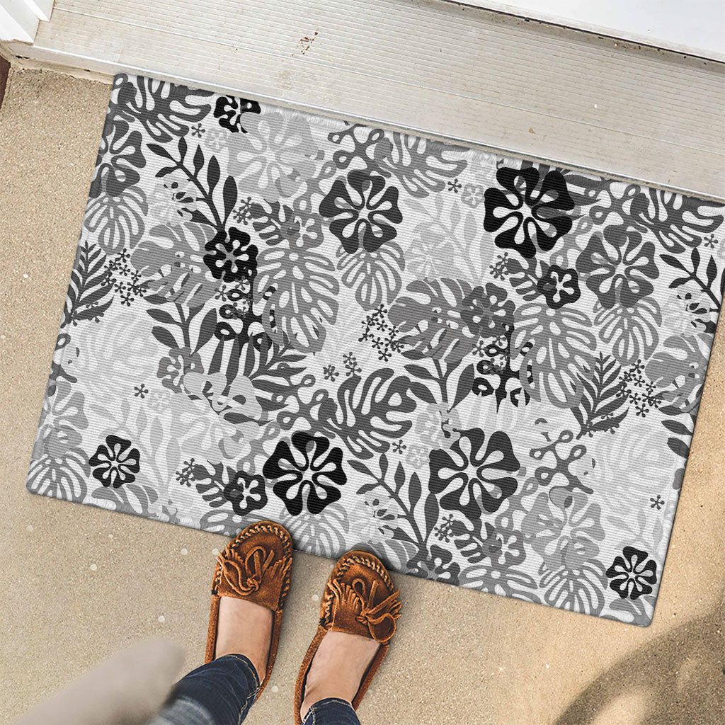 White Aloha Hawaiian Rubber Doormat Monstera Hibiscus Tropical Pattern