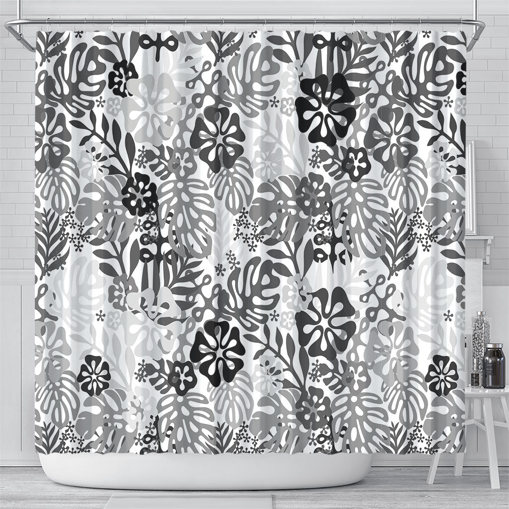 White Aloha Hawaiian Shower Curtain Monstera Hibiscus Tropical Pattern