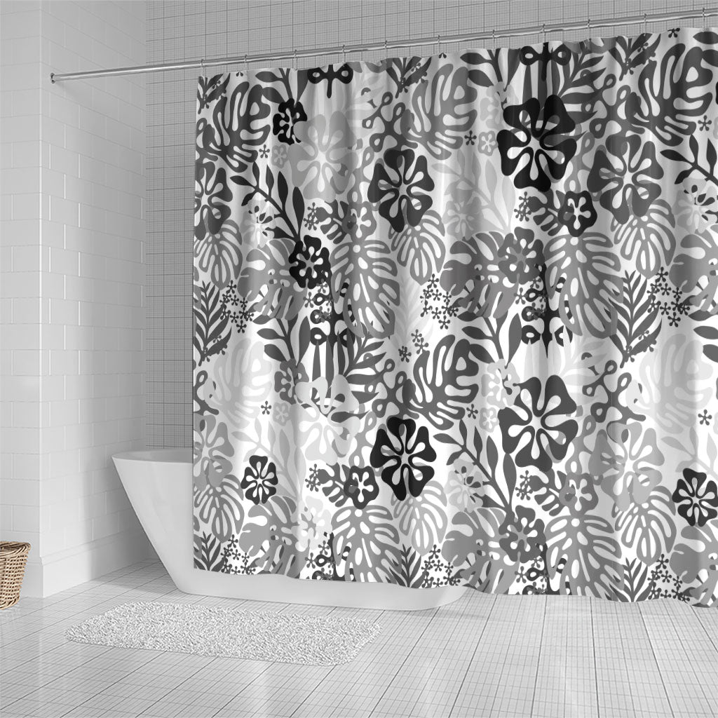 White Aloha Hawaiian Shower Curtain Monstera Hibiscus Tropical Pattern
