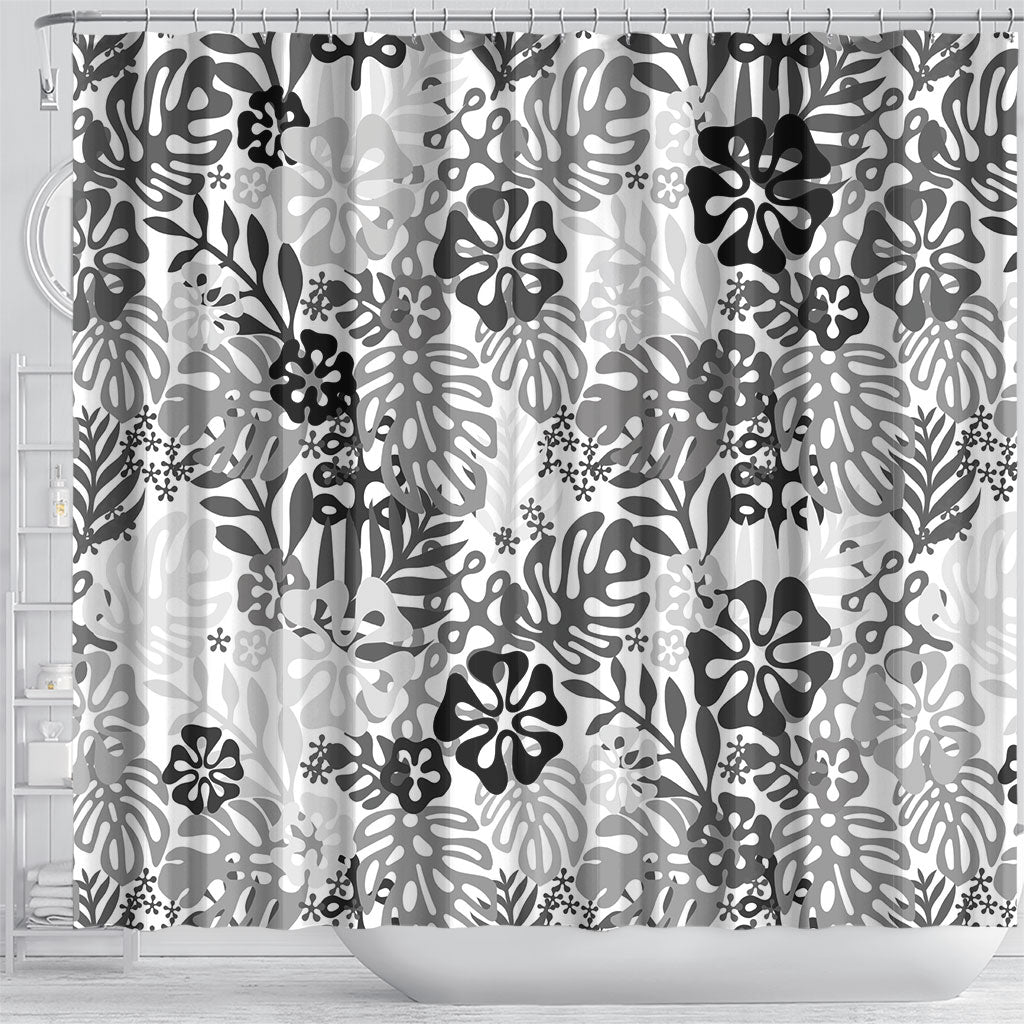 White Aloha Hawaiian Shower Curtain Monstera Hibiscus Tropical Pattern