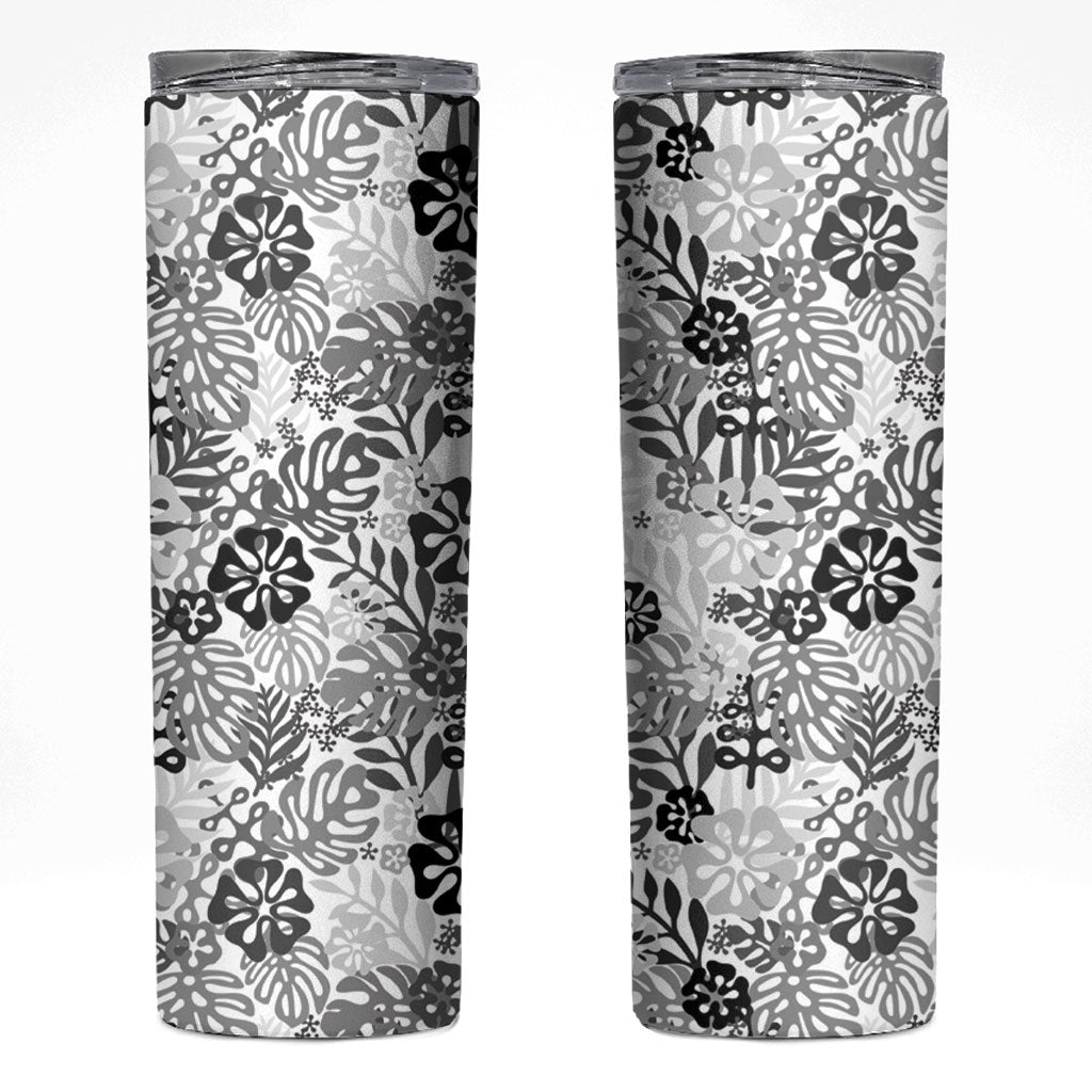 White Aloha Hawaiian Skinny Tumbler Monstera Hibiscus Tropical Pattern