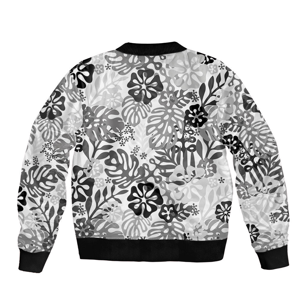 White Aloha Hawaiian Sleeve Zip Bomber Jacket Monstera Hibiscus Tropical Pattern