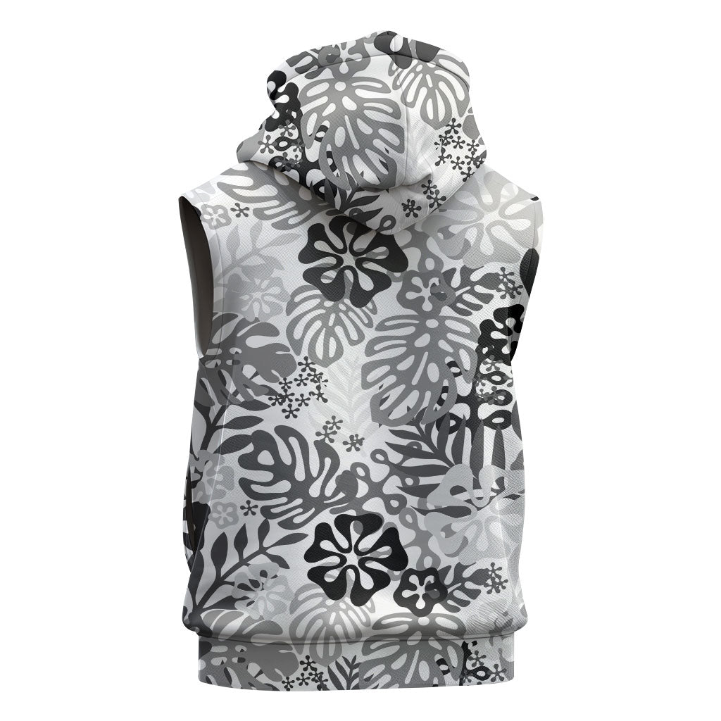 White Aloha Hawaiian Sleeveless Hoodie Monstera Hibiscus Tropical Pattern