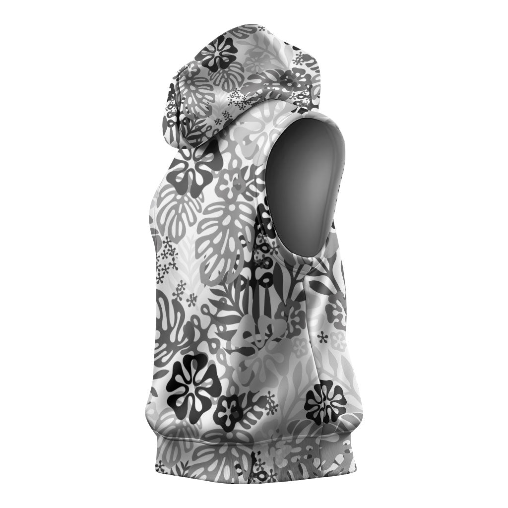 White Aloha Hawaiian Sleeveless Hoodie Monstera Hibiscus Tropical Pattern