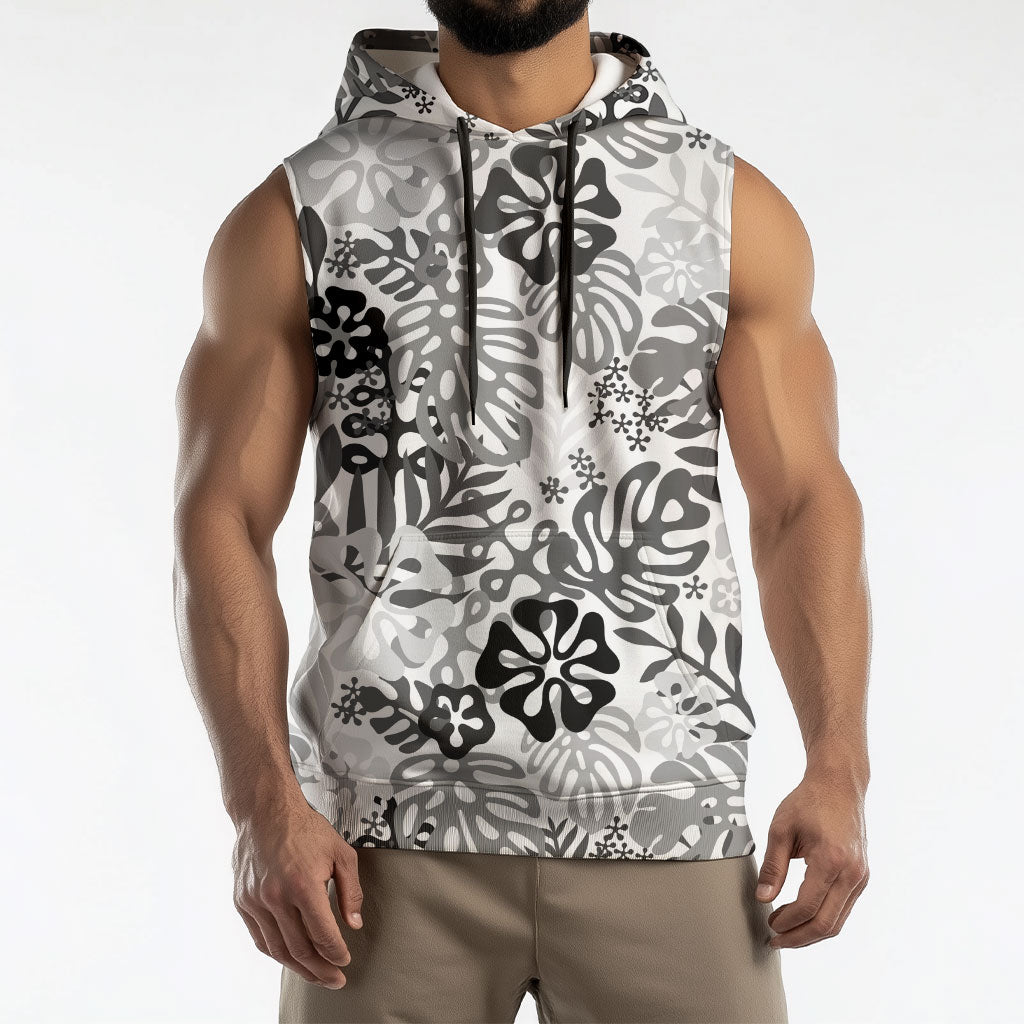 White Aloha Hawaiian Sleeveless Hoodie Monstera Hibiscus Tropical Pattern