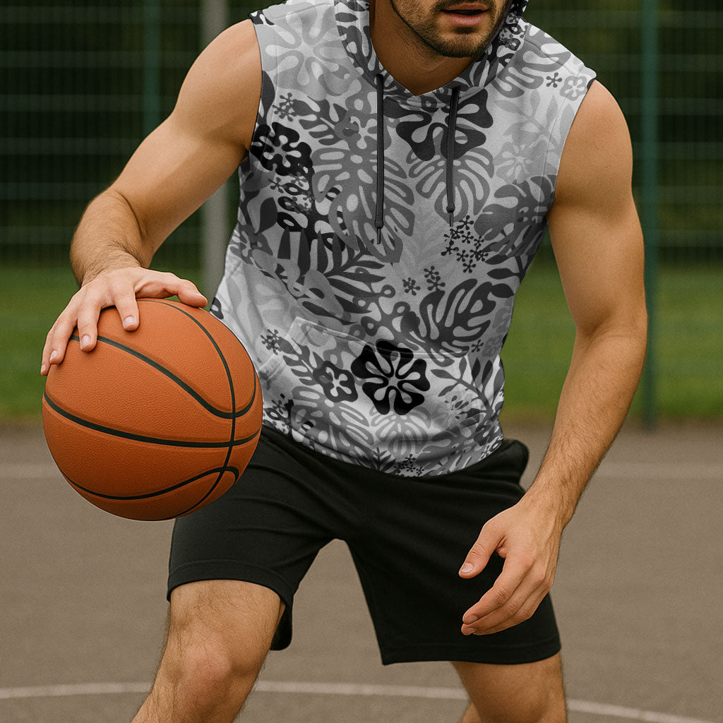 White Aloha Hawaiian Sleeveless Hoodie Monstera Hibiscus Tropical Pattern