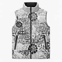 White Aloha Hawaiian Sleeveless Puffer Jacket Monstera Hibiscus Tropical Pattern