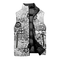 White Aloha Hawaiian Sleeveless Puffer Jacket Monstera Hibiscus Tropical Pattern