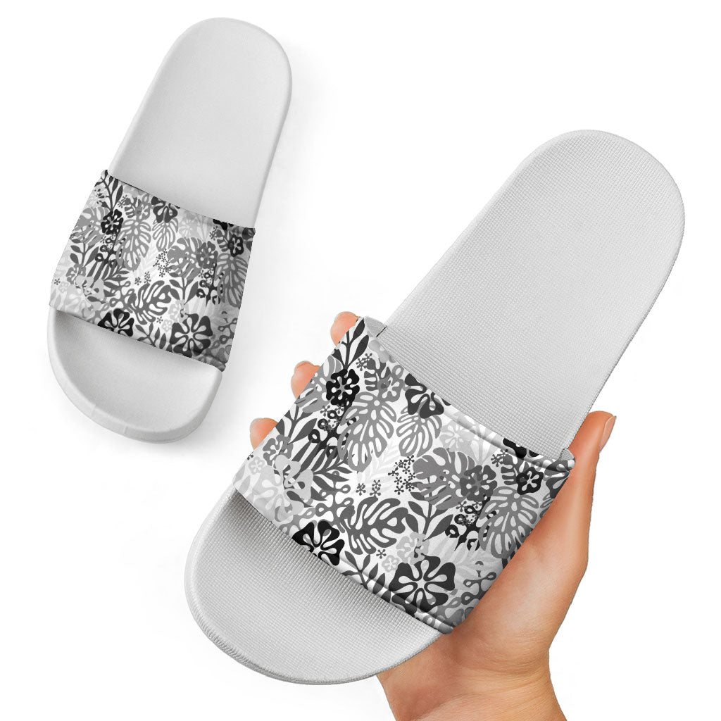 White Aloha Hawaiian Slide Sandals Monstera Hibiscus Tropical Pattern