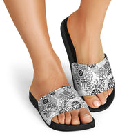 White Aloha Hawaiian Slide Sandals Monstera Hibiscus Tropical Pattern
