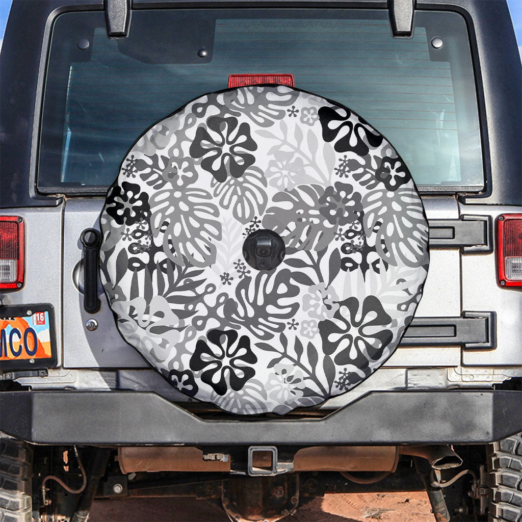 White Aloha Hawaiian Spare Tire Cover Monstera Hibiscus Tropical Pattern
