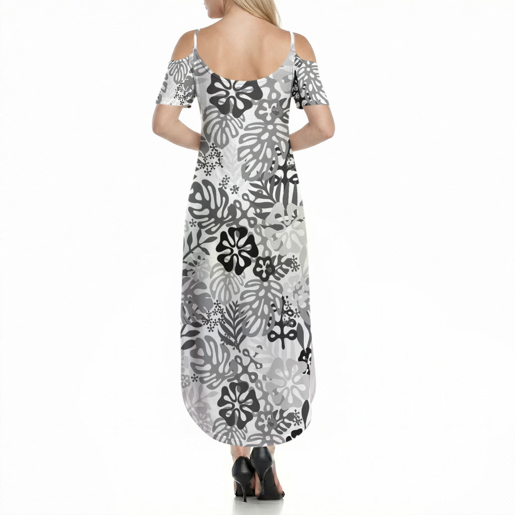 White Aloha Hawaiian Summer Maxi Dress Monstera Hibiscus Tropical Pattern