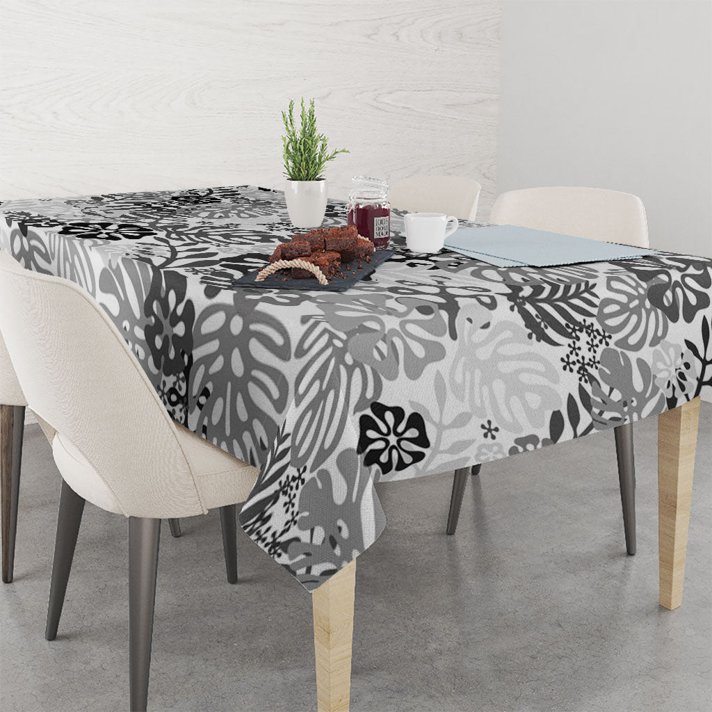 White Aloha Hawaiian Tablecloth Monstera Hibiscus Tropical Pattern
