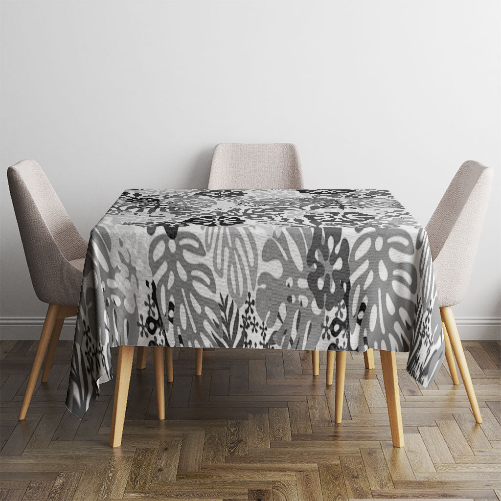 White Aloha Hawaiian Tablecloth Monstera Hibiscus Tropical Pattern