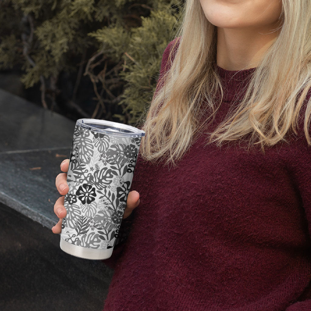 White Aloha Hawaiian Tumbler Cup Monstera Hibiscus Tropical Pattern