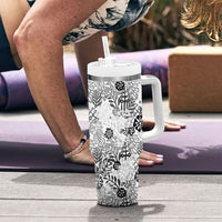 White Aloha Hawaiian Tumbler With Handle Monstera Hibiscus Tropical Pattern