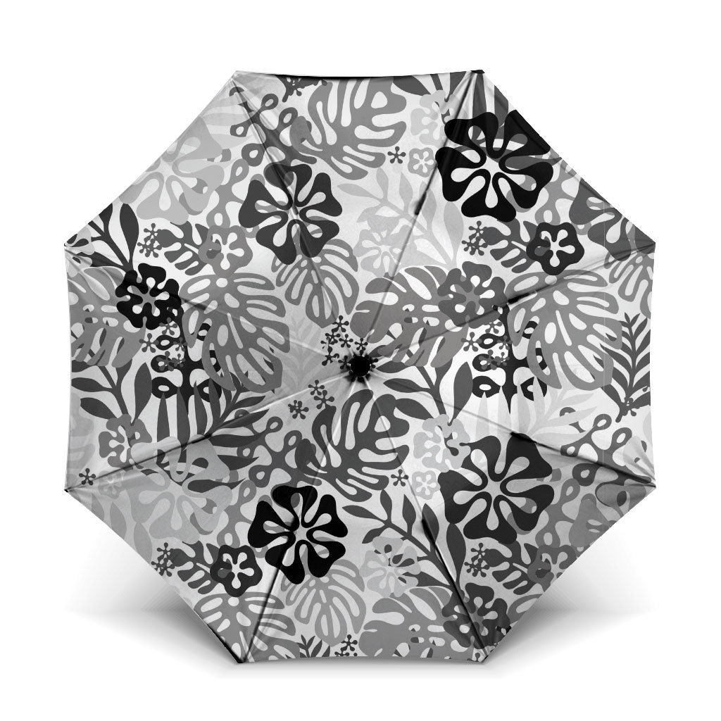 White Aloha Hawaiian Umbrella Monstera Hibiscus Tropical Pattern